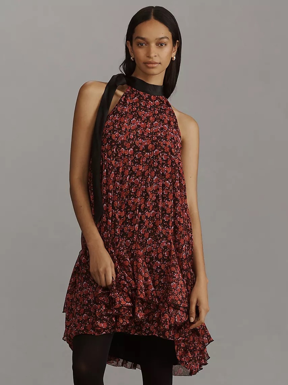 Anthropologie Burgundy Floral Halter High-Low Dress with Black Tie